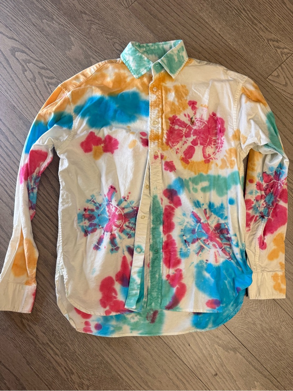 Ralph Lauren Tie-Dye Button-Down Shirt with Teal, Pink & Orange